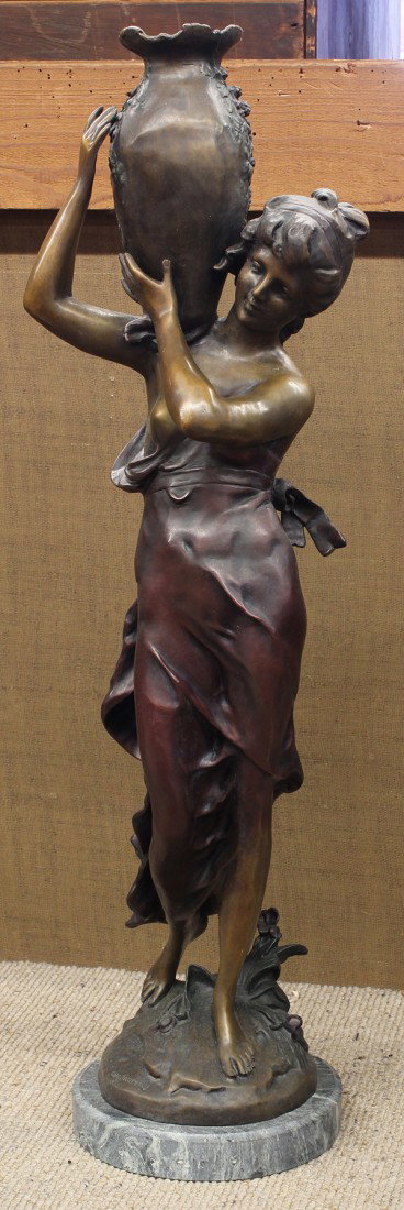 Sculpture, after Auguste Moreau: Patinated bronze sculpture, Woman with a Jug, after Auguste Moreau (French, 1855-1919), bears signature lower left center, overall: 135.75''h x 10.5''w x 9.25''d