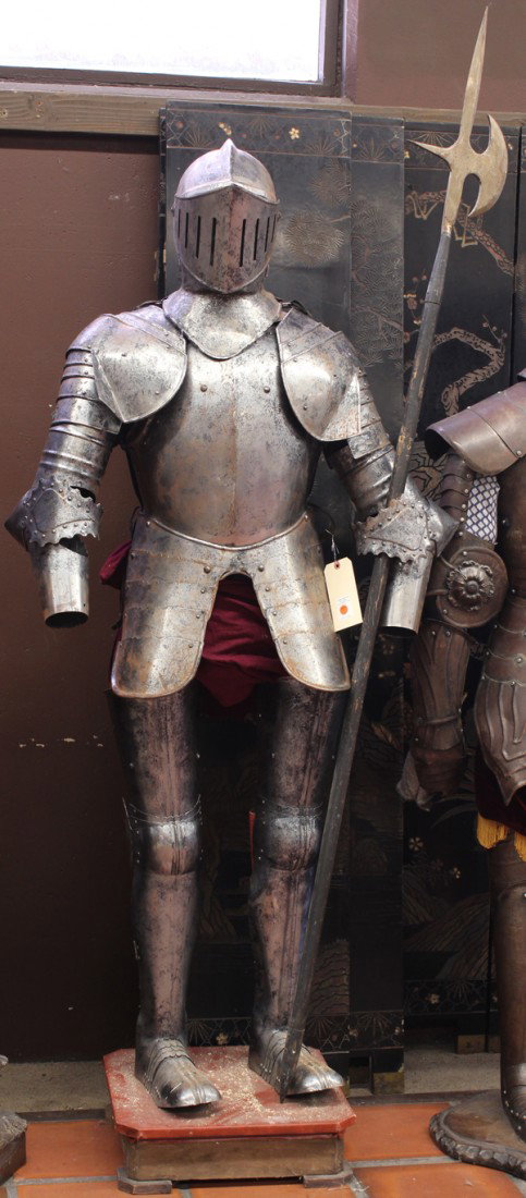 Suit of armor, 15th century European style: (lot of 2) Reproduction suit of armor, 15th century European style, comprising an armet (an early form of close-helmet), full arm defences, including guard of vambace, heavy breastplate/plackart, with