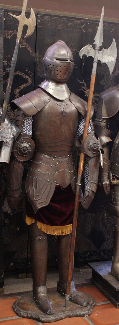 Suit of armor, 15th century European style: (lot of 2) Reproduction suit of armor, 15th century European style, comprising an armet (an early form of close-helmet), full arm defences, heavy breastplate with median ridge at the neck, backplate, 
