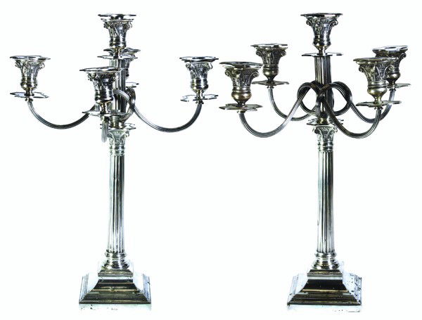 German .800 candelabra: Pair of German .800 fine silver five light candelabra, composed in the Neo-Classical manner, having scrolling and entwining branches creating a central knot, ten removable bobeches, converts to single