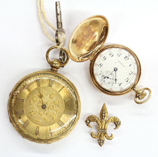 Collection of yellow gold pocket watches: Collection of two gold pocket watches, including; an 18k yellow gold, 46mm open face, key wind (with key;) a 14k yellow gold Waltham, 33.5mm hunting case with an attached 10k yellow gold and seed pear