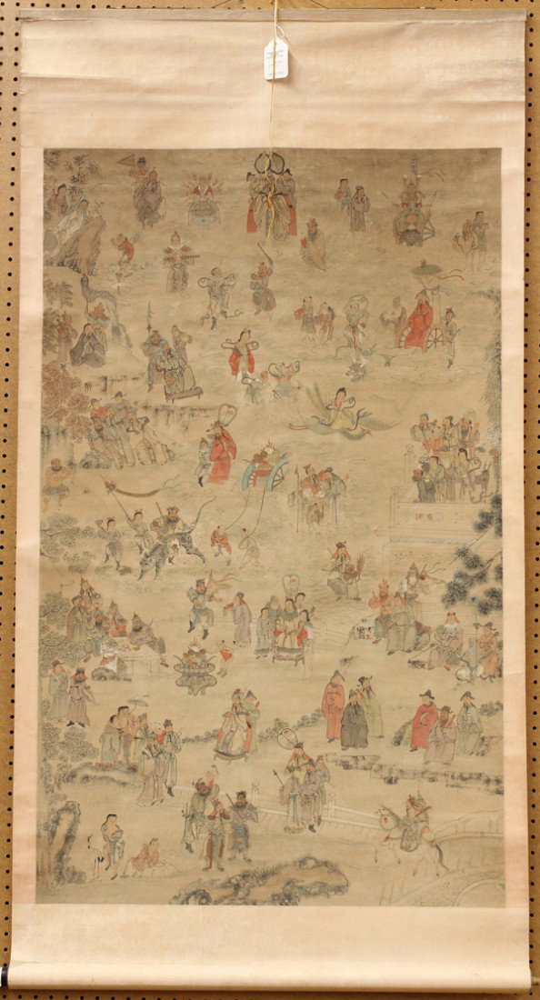Chinese Scroll, Anonymous, Celestials,: Chinese hanging scroll, ink and color on paper, Immortals, unsigned, depicting various immortals, including the Jade Emperor, Xi Wang Mu, the Eight Daoist Immortals, Hehe erxian, Guanyin and the Heave