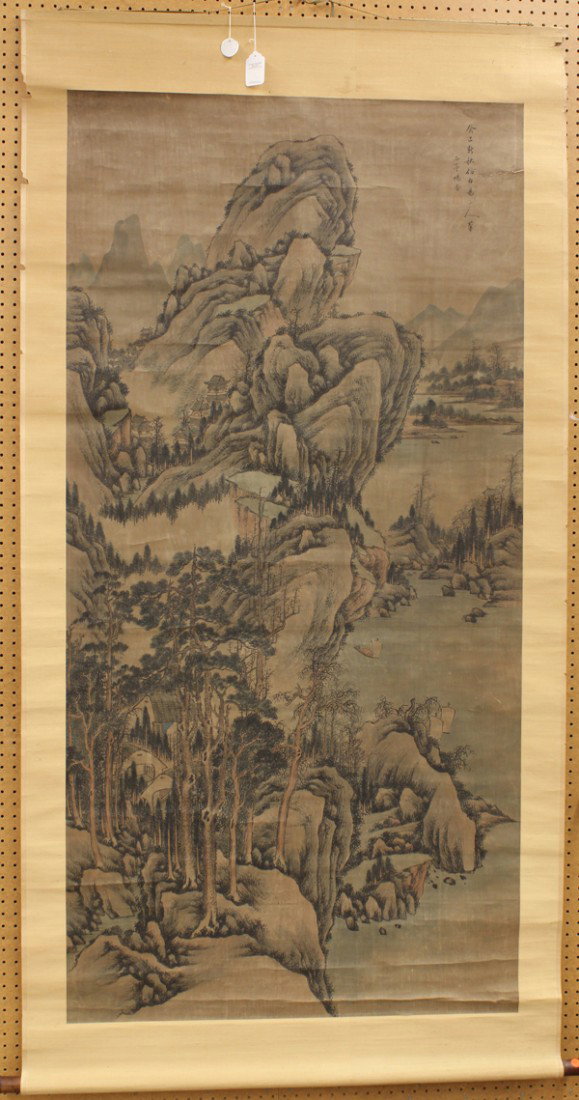 Chinese Scroll, Yang Jin (manner of), Landscape: Chinese hanging scroll, ink and color on silk, in the manner of Yang Jin (Chinese, 1644-1728), the upper right with the cyclical date 'guisi' and inscribed in the style of Baiyi Shanren, bearing the s