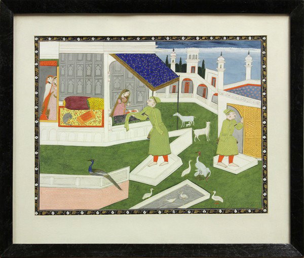 East Indian Miniature Painting, Mughal Style: Framed East Indian miniature painting, ink and gouache on paper, loosely based on a Mughal prototype and probably Pahari, with a continuous narrative of a suitor meeting his lover in an interior garde