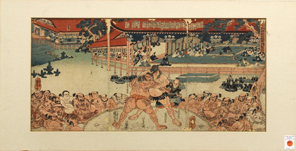 Japanese Sumo Print Triptych, Kuniyoshi: Japanese woodblock print triptych set, depicting a sumo match encircled by other sumo wrestlers and watched by courtiers, signed Ichiyusai Kuniyoshi-ga (Utagawa Kuniyoshi, 1797-1861), with publisher m