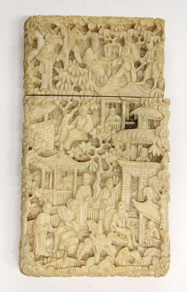 Chinese Export Calling Card Case, Qing: Chinese export calling card case, Qing dynasty, 19th century, carved and undercut with a continuous landscape populated by miniature figures engaged in leisurely pursuits on a garden terrace scattered