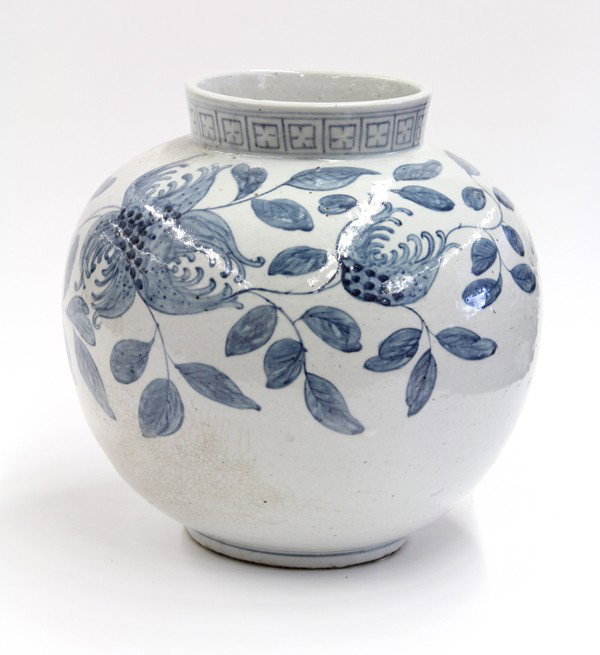 Korean Blue-and-White Stoneware Jar, Buddha Hand: Korean large underglaze blue decorated stoneware jar, Joseon Dynasty/early 20th century, the globular body painted in shades of cobalt blue with sprays of stylized Buddha-hand citron below a geometric