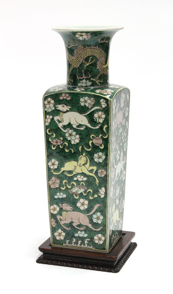 Chinese Famille Verte Porcelain Vase, Zoomorphs: Chinese famille verte decorated porcelain vase, late Qing/Republic period, the tapering square section body with each side depicting three mythical beasts galloping amid scattered blossoms and auspici