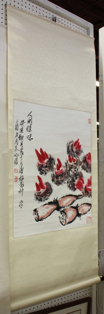Chinese Scroll, Zhu Qizhan (after), Water Chestnut: Chinese hanging scroll, ink and color on paper, Water Chestnut and Lotus Root, after Zhu Qizhan (Chinese, 1892-1996), the left entitled 'ren jian jia wei', dated cyclical year 'guihai' autumn, bearing