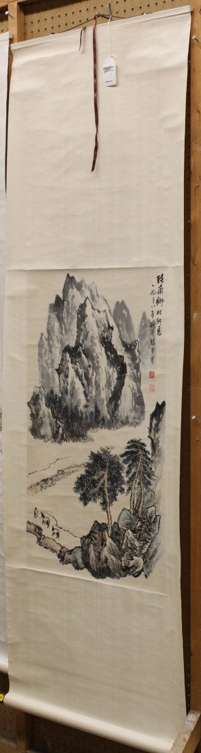 Chinese Scroll, Zhao Wangyun (after), Landscape: Chinese hanging scroll, ink and color on paper, Travelling Through A Landscape, after Zhao Wangyun (Chinese, 1906-1977), upper right entitled 'lu nan xiang cun shuo jian' (=views of Lunan village), da
