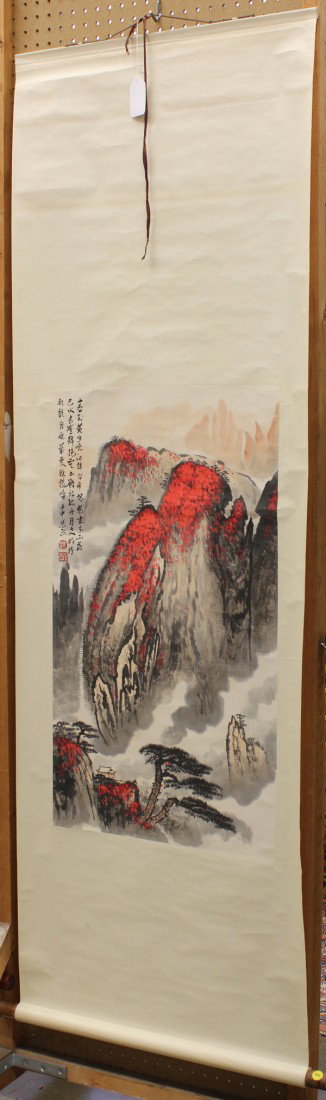 Chinese Scroll, Wei Zixi (after), Landscape: Chinese hanging scroll, ink and color on paper, Red Landscape, after Wei Zixi (Chinese, 1915-2002), the left with a long poetic colophon, cyclical date 'renshen', bearing a signature and two seals, pa