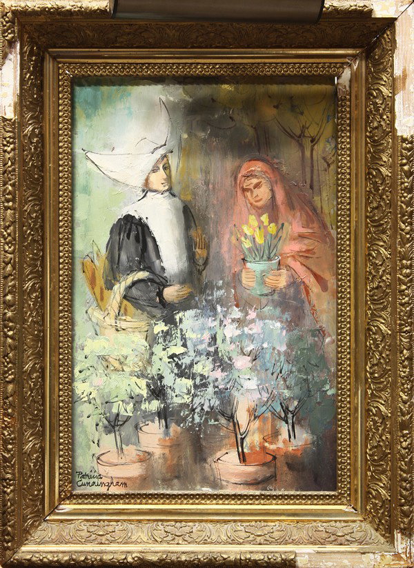 Painting, Nun at the Market, Modern: Framed oil on canvas, Nun at the Market, by Patricia Cunningham (American, 20th century), signed ''Patricia Cunningham'' lower left, overall: 26.25''h x 19.25''w