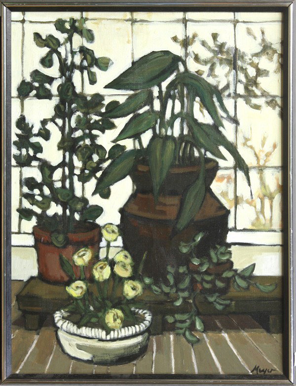 Painting, Modern Still Life: Framed acrylic on canvas, ''House Plant Patterns, 1975, by Pat Fortini Meyer, signed ''Meyer'' lower right, titled verso, bears labels verso, overall: 25.5''h x 19.5''w. Provenance: Art Collection of 