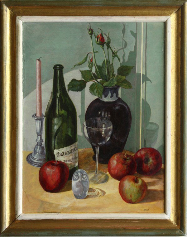 Painting, Still Life: Framed oil on board, Still Life with Four Apples, Continental School, 20th century, signed ''Nella'' lower right, overall: 21.75''h x 17.5''w