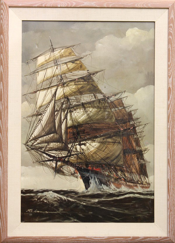 Painting, Ricardo Longhini, Clipper: Framed oil on canvas, Clipper, by Ricardo Longhini (Argentinian, b. 1949), signed ''R. Longhini'' lower left, overall: 43''h x 31''w