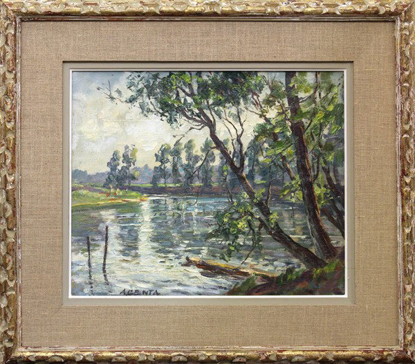 Painting, Albert Genta: Framed art, River Landscape, by Albert Genta (French, 1901-1989), signed ''A. Genta'' lower left, overall: 24''h x 27''w