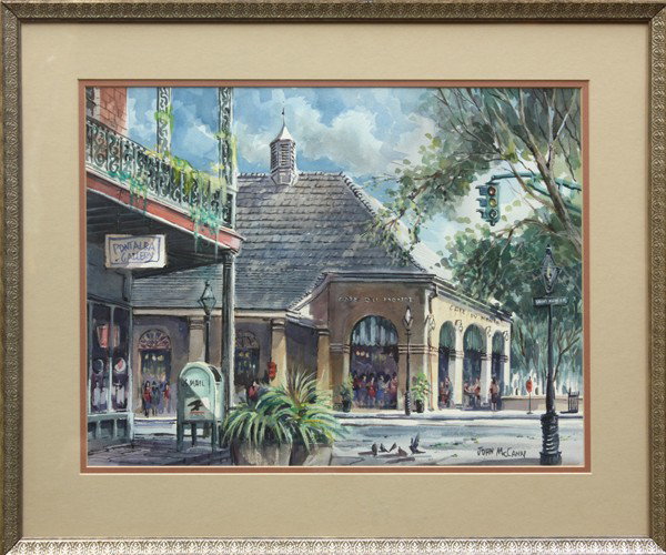 Watercolor, Cafe du Monde: Framed watercolor, Cafe Du Monde, American School, 20th century, signed ''John McCann'' lower right, overall: 20.5''h x 24''w. Provenance: Art Collection of the Curley Family Trust, Marin County, Cali