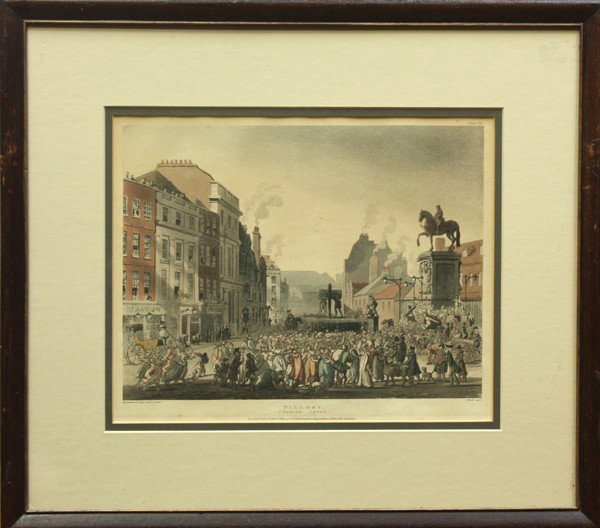 Aquatint, Thomas Rowlandson, Pillory: Framed hand colored aquatint, ''Pillory,'' from ''The Microcosm of London,'' 1809, by Thomas Rowlandson and A. Pugin, publication line within lower margin, overall: 15.25''h x 17.25''w
