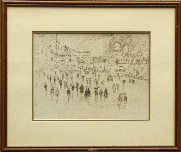 Etching, Joseph Pennell, Venice: Framed etching, ''Riva Schiavoni, Venice'', by Joseph Pennell (American, 1860-1926), unsigned, gallery tittle label (Albert Roullier, Rare Engravings and Etchings, Chicago, IL) affixed verso, overall: