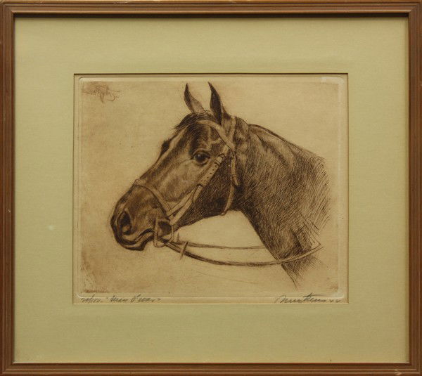 Etchings, Josef Pierre Nuyttens, Sea Biscuit: Pair of framed etchings, ''Man O' War'' and ''Sea Biscuit,'' 1944, by Josef Pierre Nuyttens (American/British, 1885-1960), pencil signed ''Nuyttens'' lower right, from editions of 100, overall: 17''h