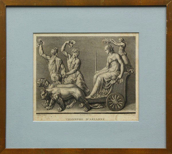 Engraving, After J.B. Wicar, Triomphe D'Ariadne: Framed engraving, ''Triomphe D'Ariadne,'' early 19th century, by Guiberti and Pauquet, after a drawing by J.B. Wicar, publication line within lower margin, overall: 13.25''h x 17.75''w