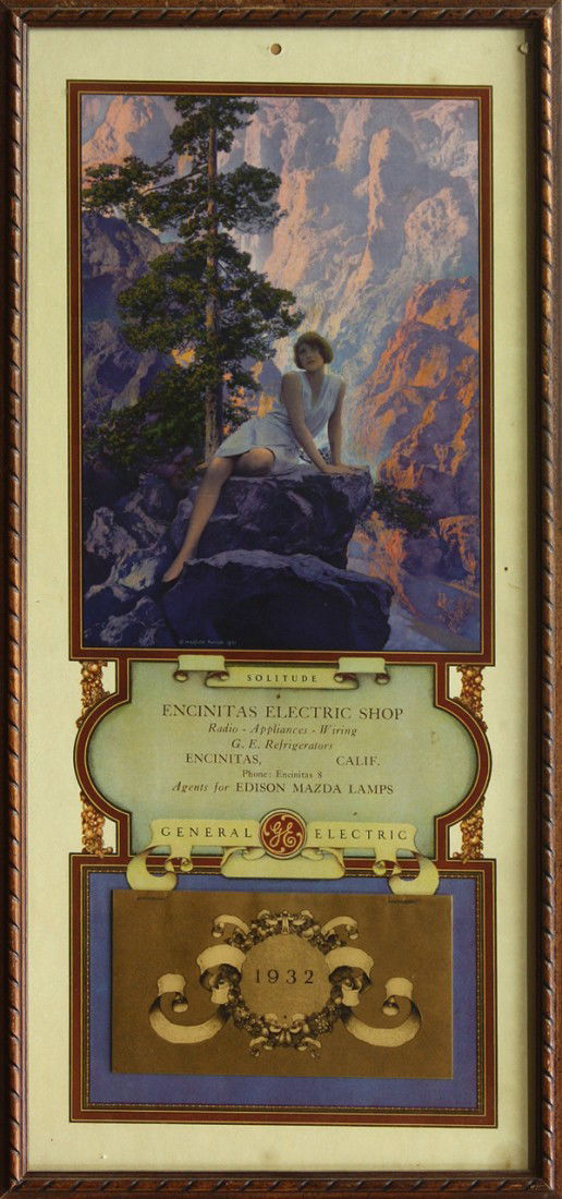 Aquatint, Marble from Italy: Pair of framed advertising calendars featuring Edison Mazda images by Maxfield Parrish, Spinetti Brothers, Jackson, California, 1924 and Encinitas Electric Shop, Encinitas, California, 1932, overall:
