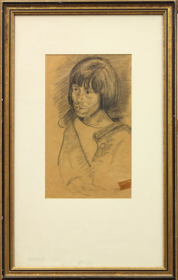 Drawing, Raphael Soyer, Portrait: Framed graphite on paper, Portrait of a Young Man, by Raphael Soyer (American, 1899-1987), pencil signed ''Raphael Soyer'' lower right, bears Emil J. Arnold collection stamp lower right, bears Walton