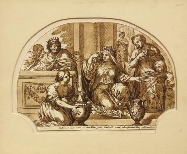 Ink Wash on Paper, Italian, early 19th century: Unframed ink wash on paper, ''Antiochus irato mari...,'' Italian school, early 19th century, bears signature lower left (''Malerini''), in the manner of Giovanni Battista Naldini, overall: 13'' h x 16