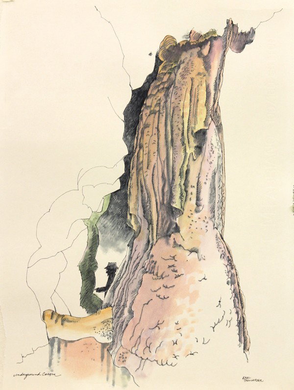 Watercolor, Earl Thollander, Underground Cavern: Unframed (matted) watercolor on paper, ''Underground Cavern'' by Earl Thollander (American, 1922-2001), signed by the artist lower right, overall: 19.25''h x 15.75''w