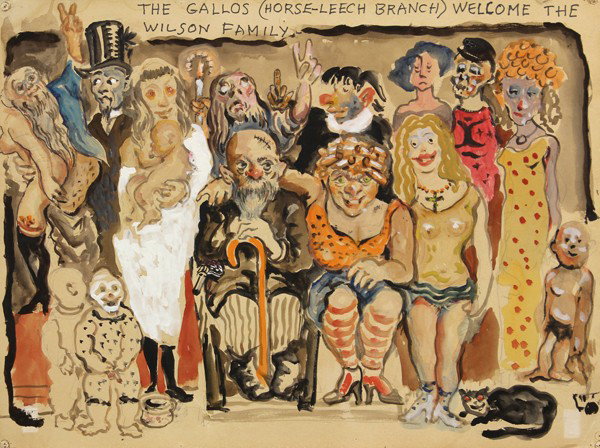 Gouaches, Xavier Gonzalez, The Gallows,: (Lot of 2) Pair of unframed gouaches on paper, ''Attention Motorists...'', and ''The Gallos (Horse-Leech Branch, Welcome The Wilson Family,'' by Xavier Gonzales (Californian, 1898-1993), largest overa