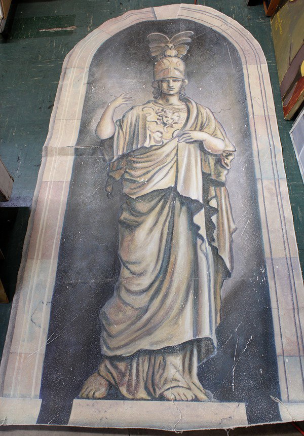WPA painting from Macy's San Francisco, 1930s: Unframed (unstretched) oil on canvas, W.P.A. Classical Figure/Faux Marble Sculpture, unsigned, originally hung in portico on main floor of Macy's San Francisco from 1930s until 1995, overall: 101''h x