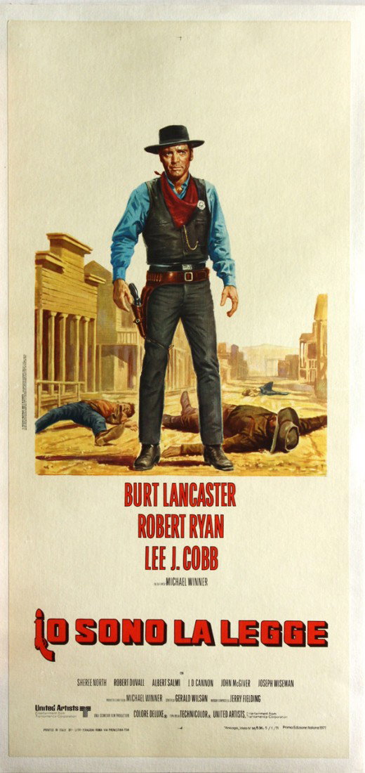 Set of 4 movie posters: (Lot of 4) Unframed linen-backed movie posters, ''O Sono la Legge,'' United Artists, starring Burt Lancaster, ''Les 4 Fils de Katie Elder,'' Paramount Pictures, starring John Wayne, ''Le Horde Sauvage