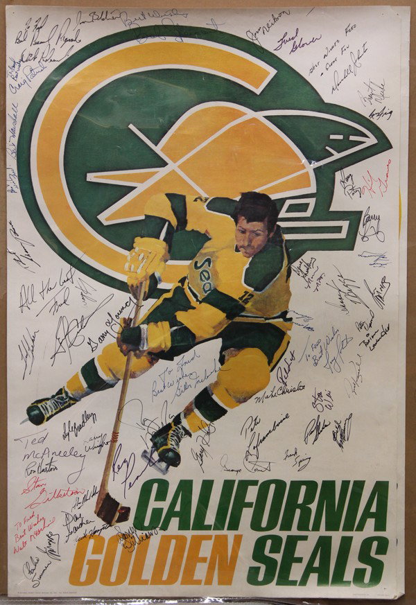 6 Autographed Sports Hockey Posters: (Lot of 6) Unframed associated autographed sports interest hockey posters, team signed, including St. Louis Blues, New York Islanders, Boston Bruins, Buffalo Sabres, Philadelphia Flyers, and the Calif