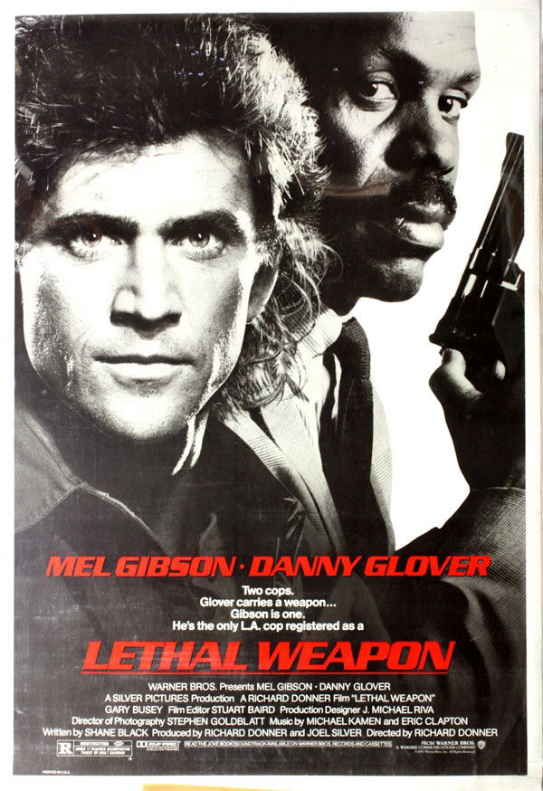 Posters, Lethal Weapon & Running Scared: (Lot of 2) Unframed linen-backed movie posters, ''Lethal Weapon,'' Warner Brothers, starring Mel Gibson and Danny Glover, and ''Running Scared,'' Metro Goldwyn-Mayer, starring Gregory Hines and Billy