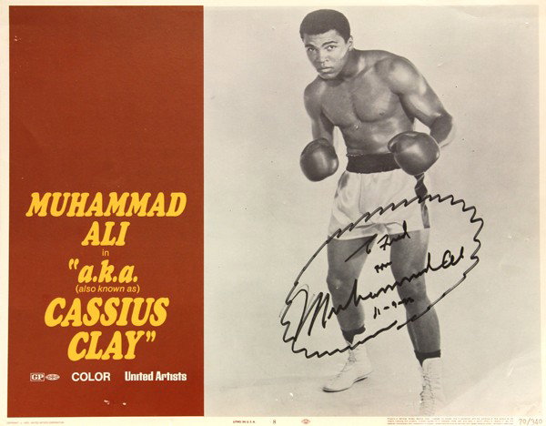 Hollywood autographed lobby cards: (lot of 10) Associated movie star autographed lobby cards, including ''a.k.a. Cassius Clay'', signed by Muhammad Ali; Superman II, signed by Margot Kidder; Superman II, signed by Christopher Reeve; Th