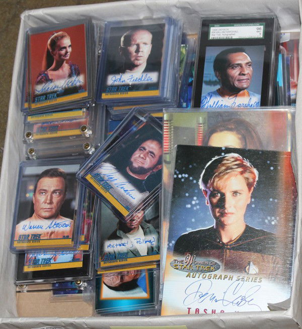 Slabbed Autographed Collector Star Trek Cards: (lot of 100+) Star Trek Collector's Cards, some unslabbed, some ungraded, some unsigned, includes cards from various Star Trek television series, movies, etc, worth inspection