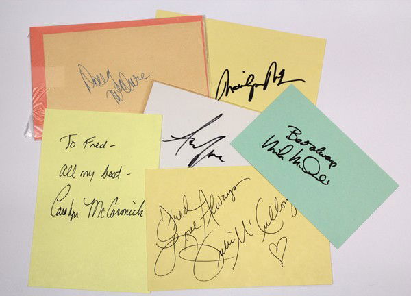 Movie star autographs: (lot of 40+) Movie star autographs, including Terence Morgan, Robert Morley, Zero Mostel, Alan Mowbray, Leo McCarey, Doug McClure, Patrick McGoohan, Virginia McKenna, Leo McKern, John Mcliam, Horace M