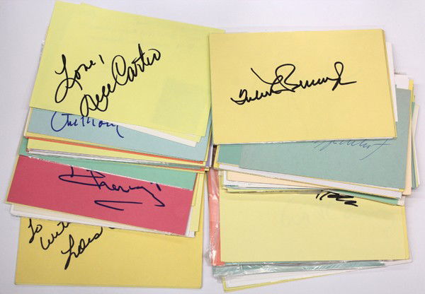 Movie star autographs: (lot of 40+) Movie star autographs, including Victor Buono, Richard Carlson, Michael Caine, Rory Calhoun, Rafael Campos, J.D. Cannon, Claudia Cardinale, Michele Carey, Art Carney, John Carradine, John