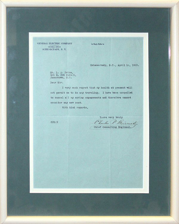 Autograph, Charles Steinmetz: Framed autograph, Charles Steinmetz (1865-1923), signed typewritten letter, on General Electric Company letterhead, dated April 16, 1923, overall: 15''h x 12.5''w, sight: 10''h x 7.75''w