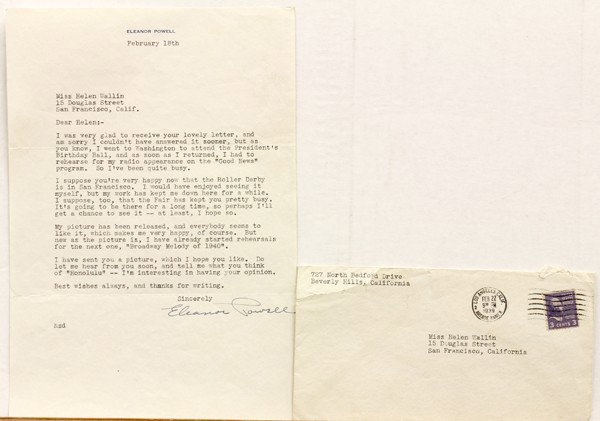 Eleanor Powell letter: Eleanor Powell signed letter, dated February 18, overall: 10.5'' x 7.25''