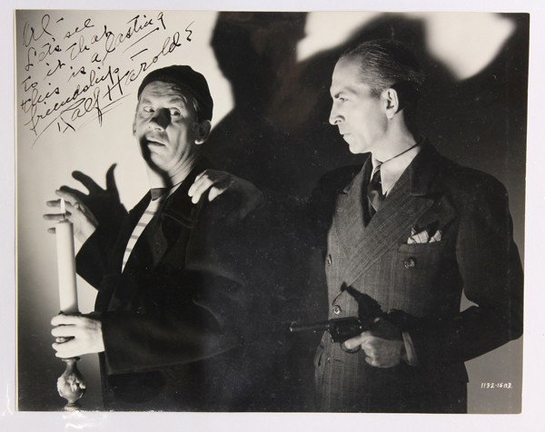 Autographs, film stills and publicity: (Lot of 14) Unframed Hollywood film stills, documents, stamps, and publicity photographs, some autographed or stamped, including Ralf Harolde, Dean Martin, Cary Grant, and George W. Bush among others,