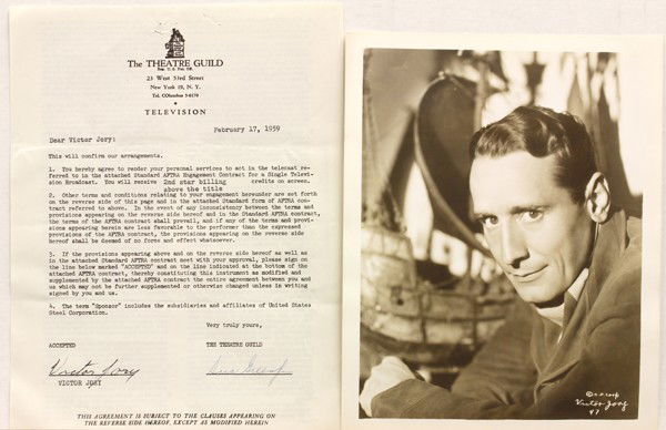 Victor Jory contract: Victor Jory contract, with The Theatre Guild Inc., on their letterhead, dated February 17, 1959, services for a television broadcast and 2nd star billing, overall: 11'' x 8.5''