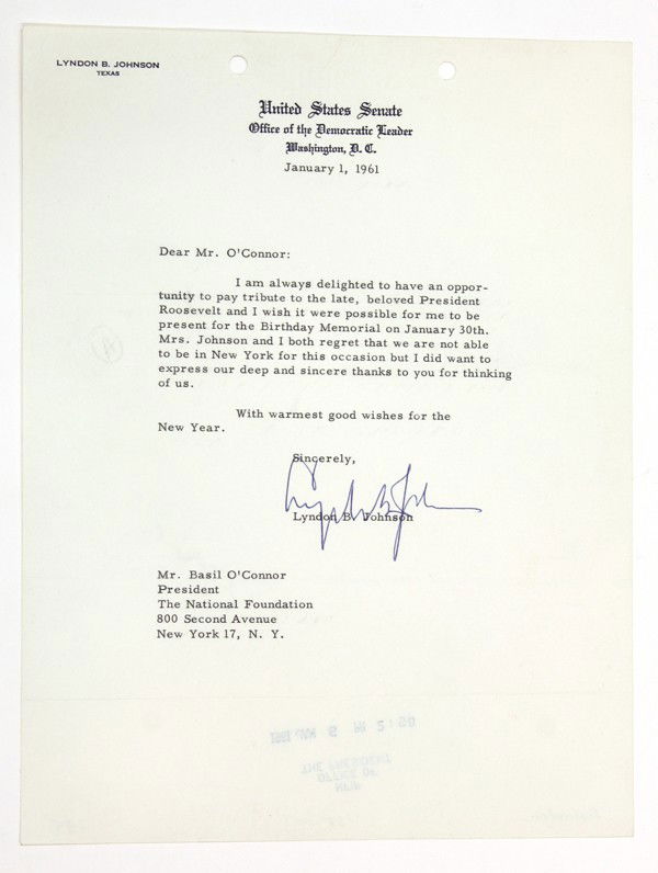 Lyndon B. Johnson document: Lyndon B Johnson signed document 1961, letter was written when LBJ was the U.S senate leader, on United States Senate stationary