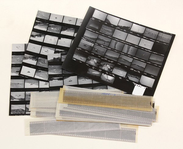 Negatives and contact sheets, Leroy Grannis: Assorted Hand-Gliding contact sheets and negatives, ''Sports Arena - Fermin in Fog - Speed Run, Escape Country,'' 1975, by Leroy Grannis (Californian, 1917-2011), dated, contained in original, titled 