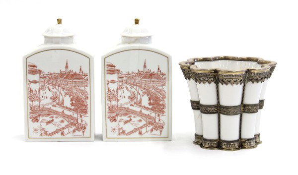 Group of Royal Copenhagen decoratives: (Lot of 3) Group of Royal Copenhagen porcelain decoratives comprising a sterling silver mounted vase with lobed rim and a tapering body with corresponding base, stamped Michelsen Copenhagen Sterling D
