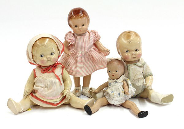 Group of dolls: Four compositon dolls with hand painted faces including two by Pettite, and a ''Patsy'' Effanbee doll, tallest: 12''