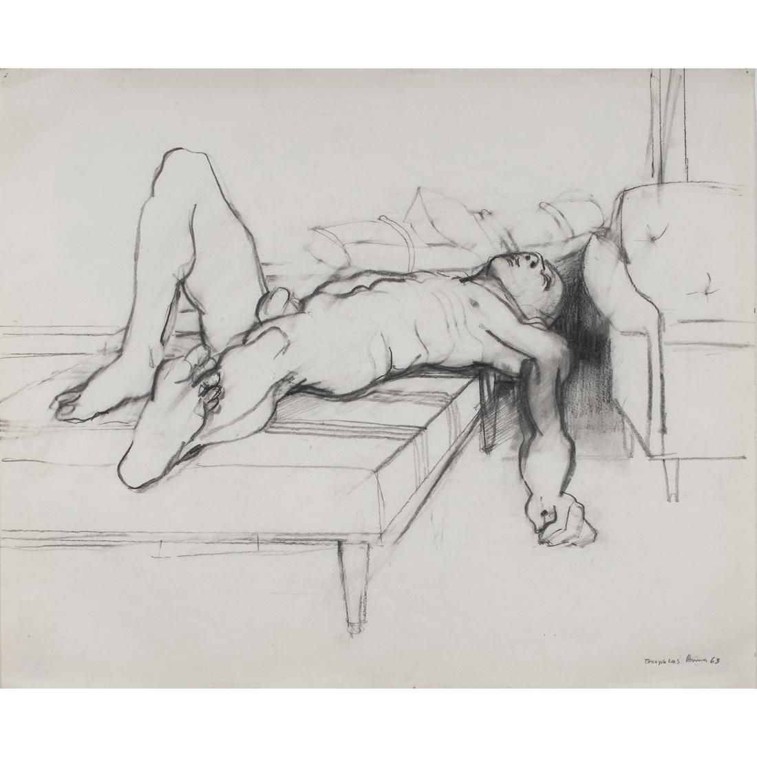 Work on paper, William Theophilus Brown: William Theophilus Brown (American, 1919-2012), Sleeping Nude, 1963, charcoal on paper, signed and dated lower right, sheet: 14"h x 17"w, overall (with frame): 21.75"h x 24.75"w