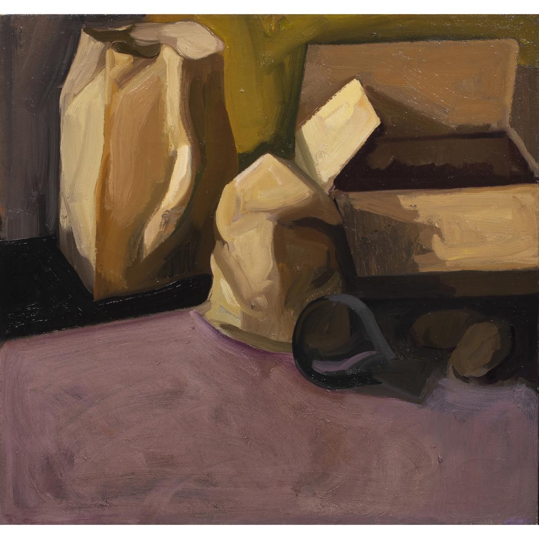 Painting, James Weeks: James Weeks (American, 1922-1998), "Still Life with Paper Bag," 1961, oil on canvas, signed on old stretcher bar verso, gallery labels (Poindexter Gallery, New York, NY and Winfield Gallery, Carmel, C