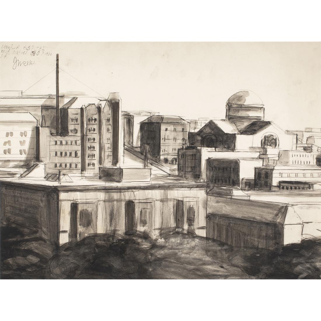 Work on paper, James Weeks: James Weeks (American, 1922-1998), "Stanford Hospital, SF," 1960, charcoal and wash on paper, signed, titled, and dated upper left, sight: 15"h x 20.25"w, overall (with frame): 20.5"h x 25.5"w