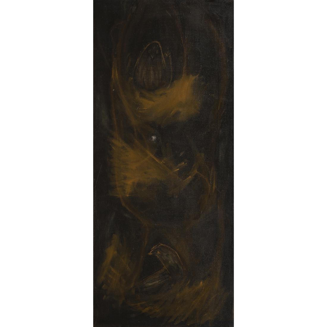 Painting, Morris Graves: Morris Graves (American, 1910-2001), "Two Nesting Birds," 1961, oil on canvas, signed faintly lower right, canvas: 32"h x 14"w, overall (with frame): 33.5"h x 15.25"w. Provenance: Clars Auctions, Octo